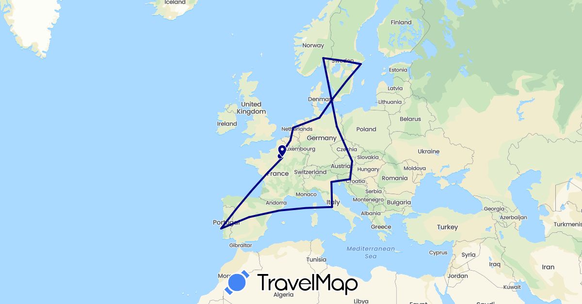 TravelMap itinerary: driving in Austria, Belgium, Germany, Denmark, Spain, France, Croatia, Italy, Netherlands, Norway, Portugal, Sweden, Vatican City (Europe)